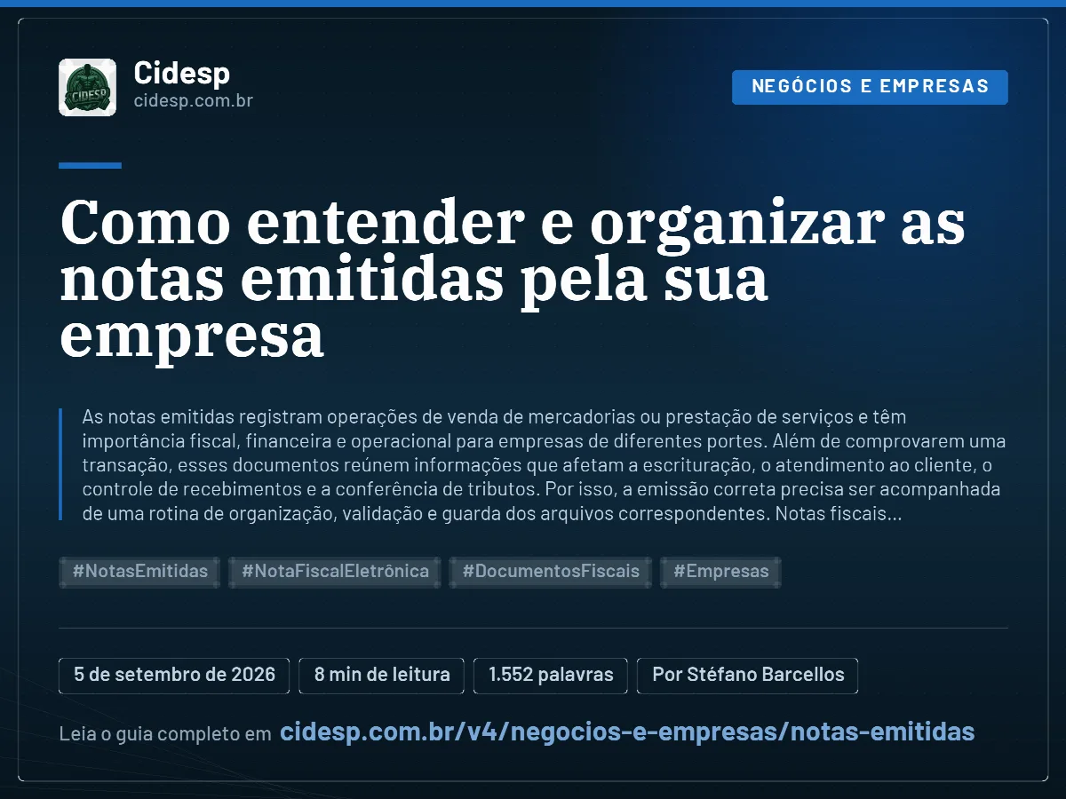 Cartão do artigo “Como entender e organizar as notas emitidas pela sua empresa”, com resumo, data de publicação e endereço da página.
