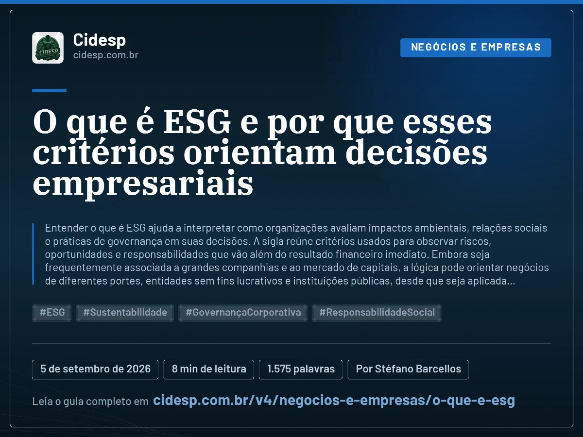 Cartão do artigo “O que é ESG e por que esses critérios orientam decisões empresariais”, com resumo, data de publicação e endereço da página.