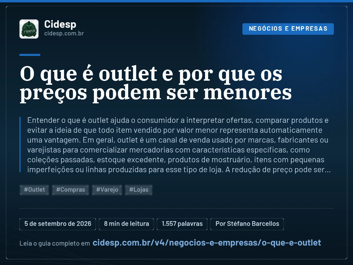 Cartão do artigo “O que é outlet e por que os preços podem ser menores”, com resumo, data de publicação e endereço da página.