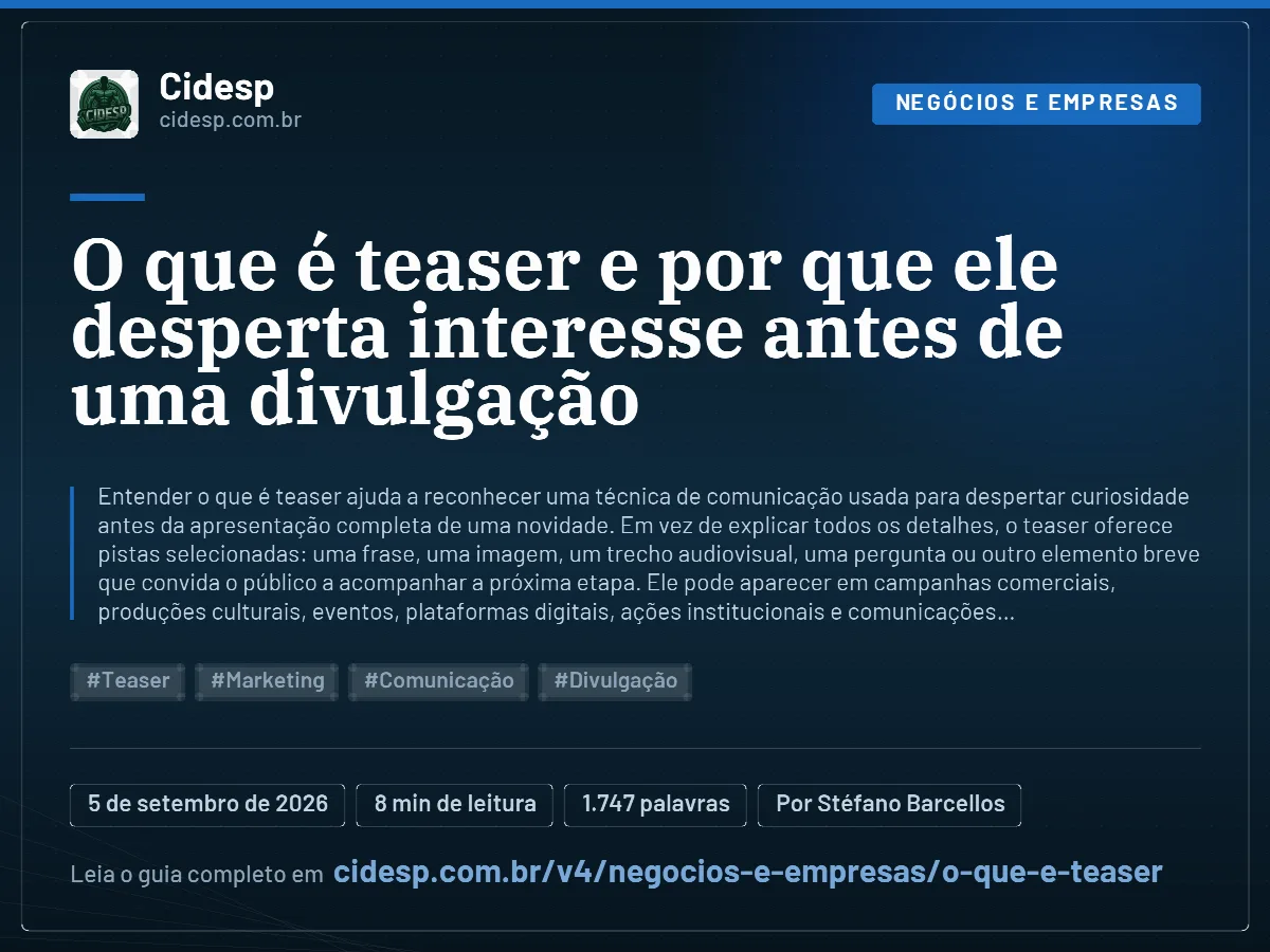 Cartão do artigo “O que é teaser e por que ele desperta interesse antes de uma divulgação”, com resumo, data de publicação e endereço da página.