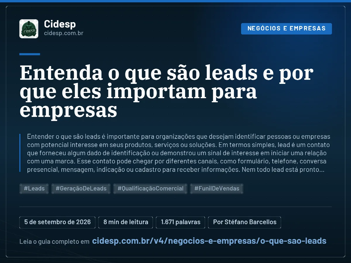 Cartão do artigo “Entenda o que são leads e por que eles importam para empresas”, com resumo, data de publicação e endereço da página.