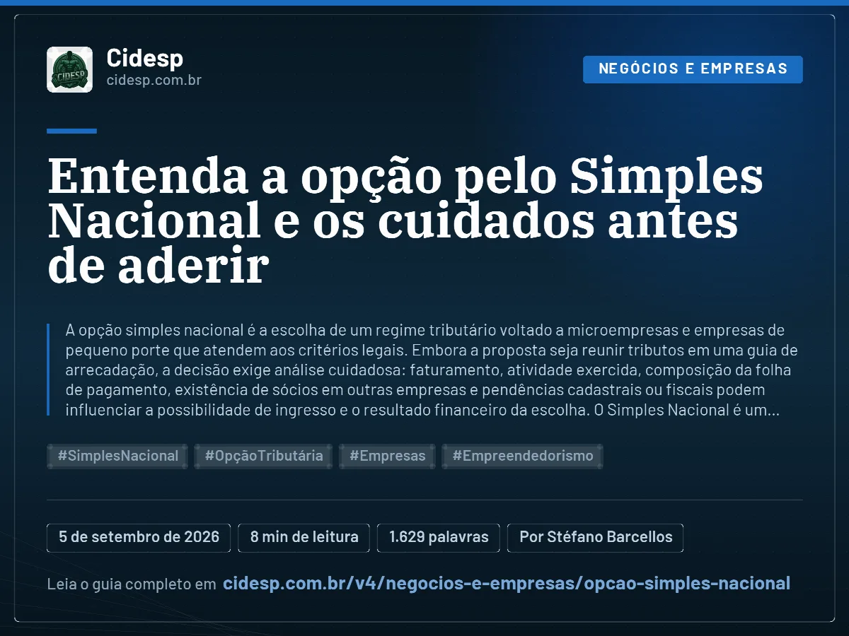 Cartão do artigo “Entenda a opção pelo Simples Nacional e os cuidados antes de aderir”, com resumo, data de publicação e endereço da página.