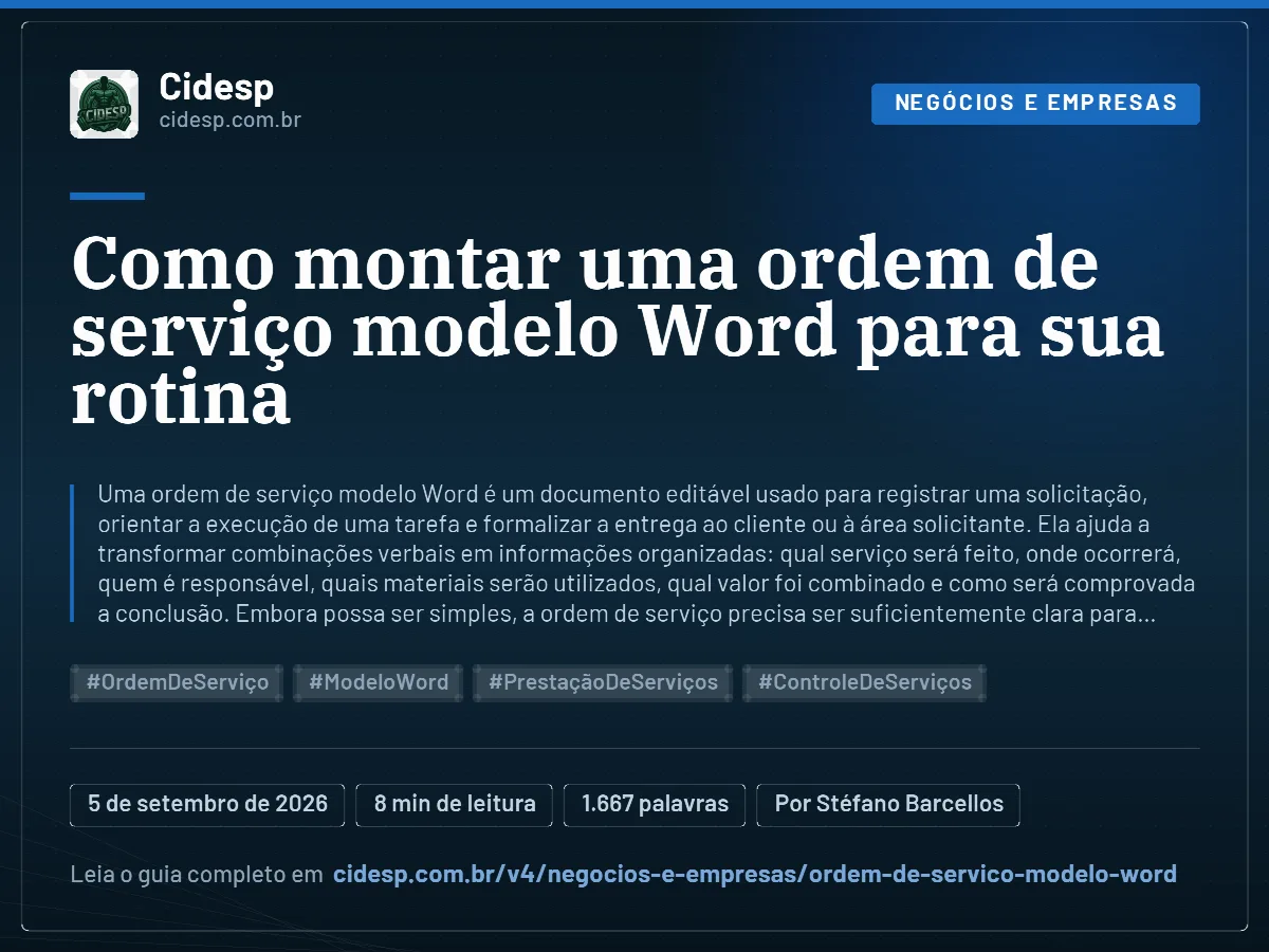 Cartão do artigo “Como montar uma ordem de serviço modelo Word para sua rotina”, com resumo, data de publicação e endereço da página.