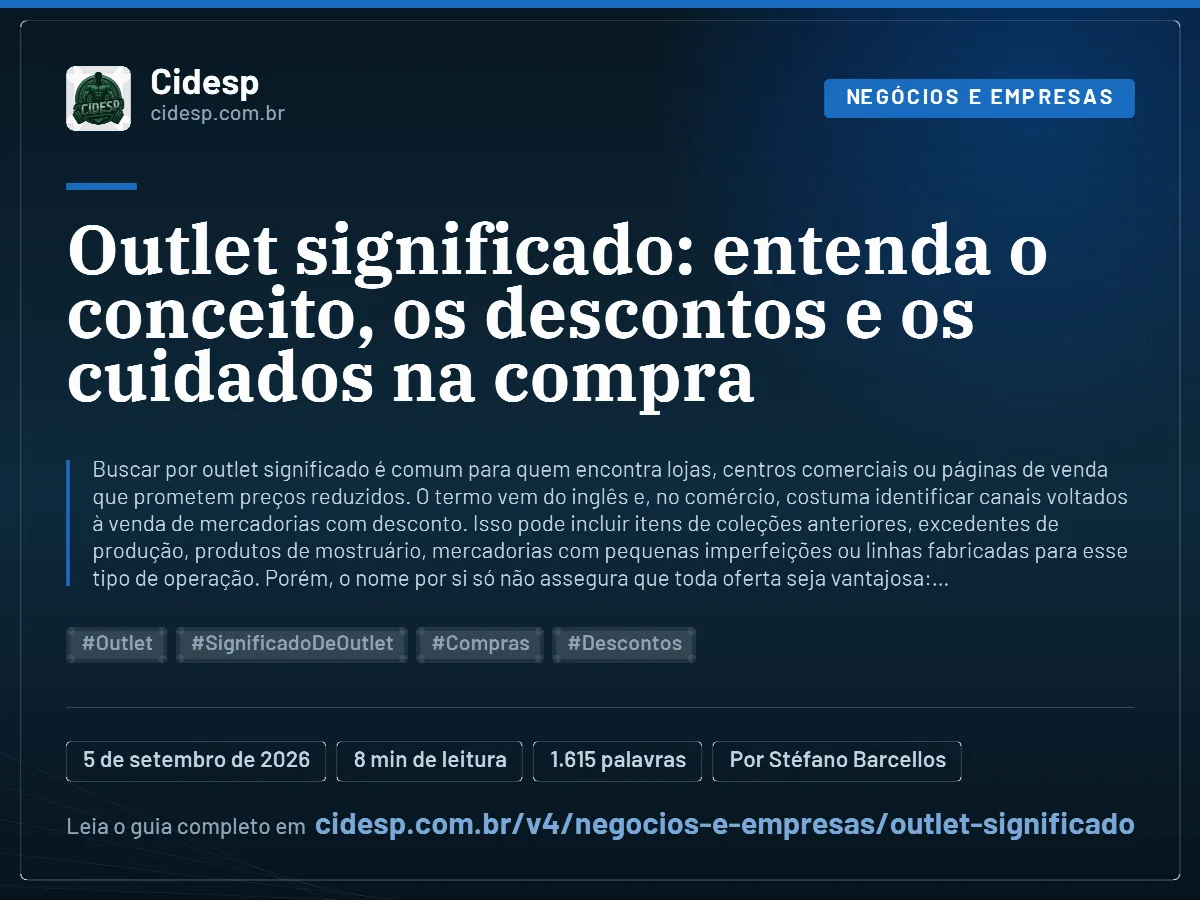 Cartão do artigo “Outlet significado: entenda o conceito, os descontos e os cuidados na compra”, com resumo, data de publicação e endereço da página.