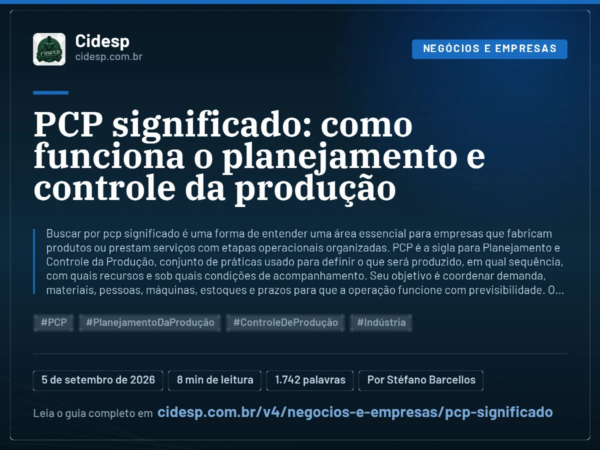 Cartão do artigo “PCP significado: como funciona o planejamento e controle da produção”, com resumo, data de publicação e endereço da página.