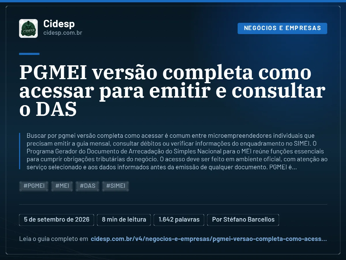 Cartão do artigo “PGMEI versão completa como acessar para emitir e consultar o DAS”, com resumo, data de publicação e endereço da página.