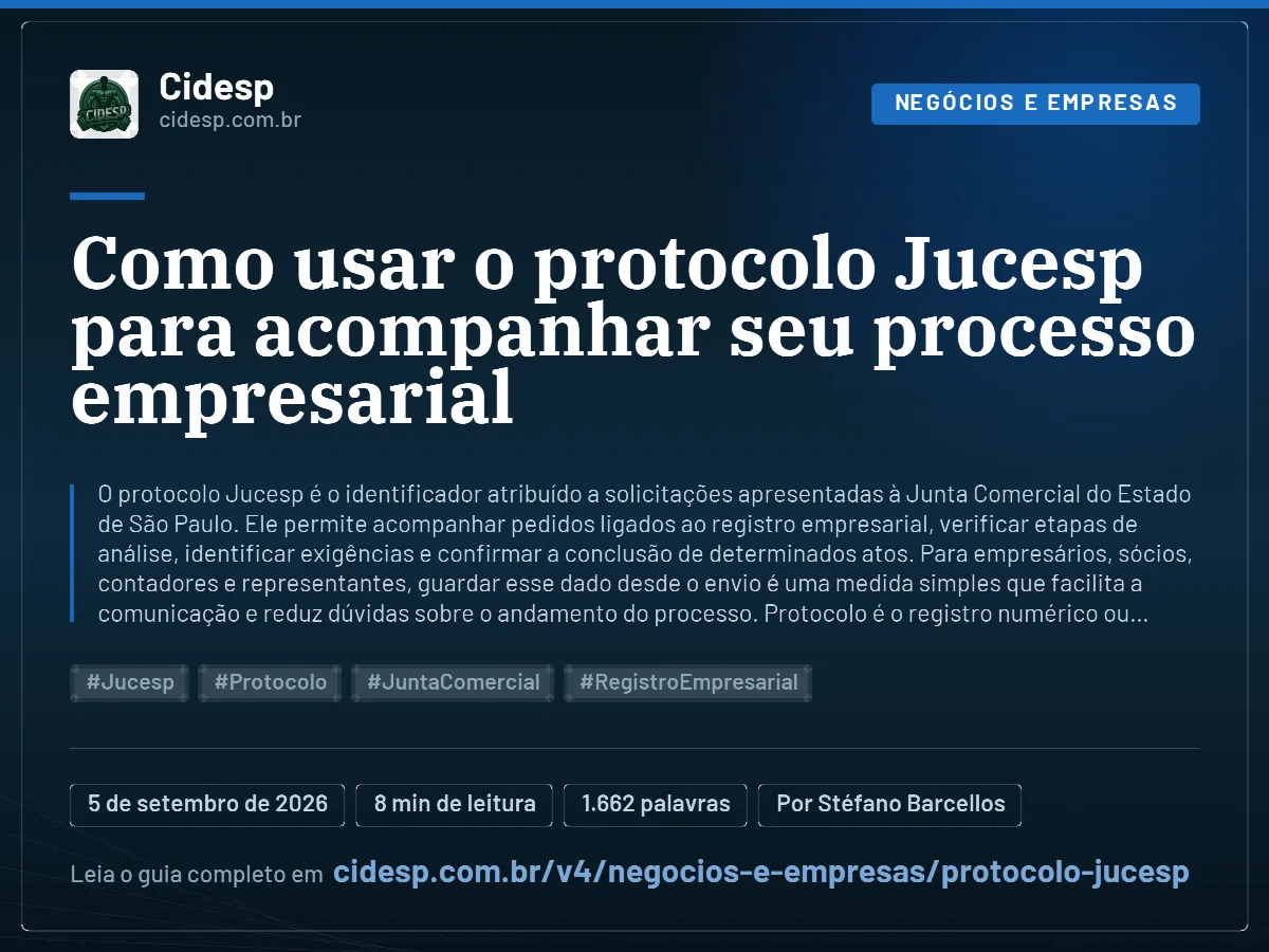Cartão do artigo “Como usar o protocolo Jucesp para acompanhar seu processo empresarial”, com resumo, data de publicação e endereço da página.