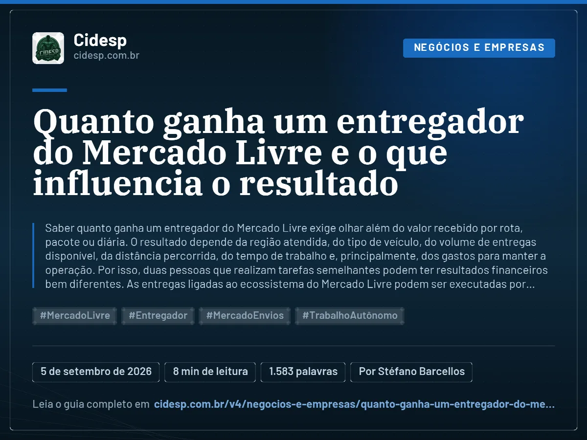 Cartão do artigo “Quanto ganha um entregador do Mercado Livre e o que influencia o resultado”, com resumo, data de publicação e endereço da página.
