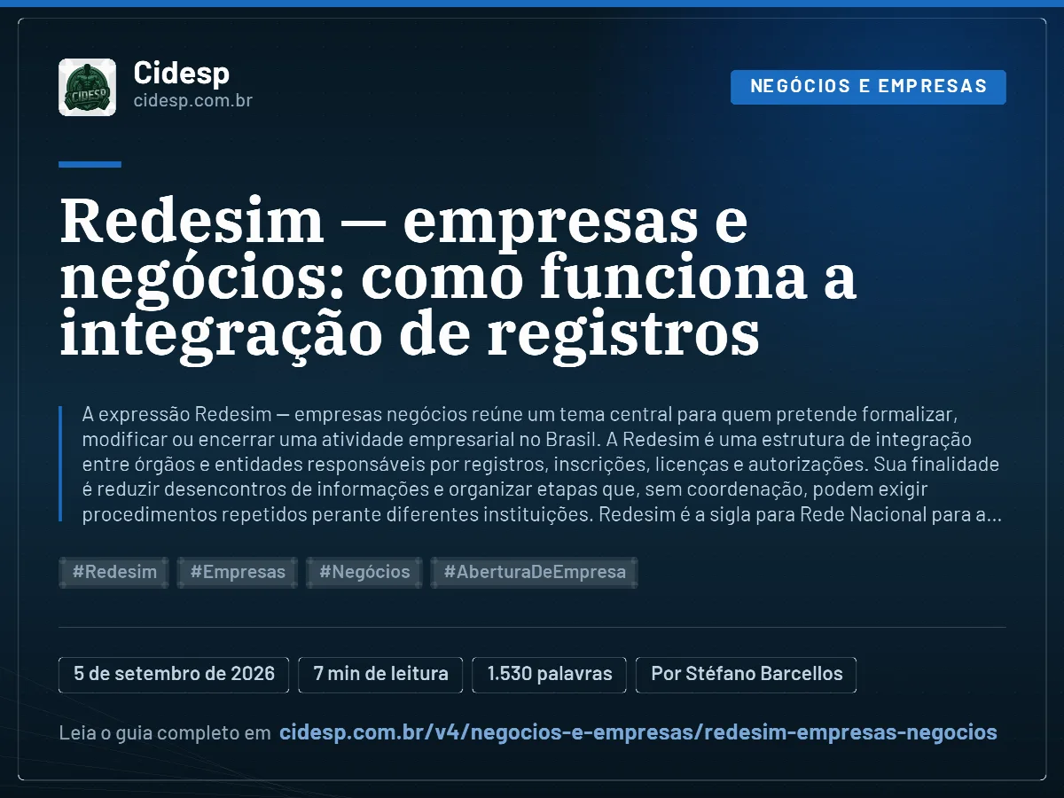 Cartão do artigo “Redesim — empresas e negócios: como funciona a integração de registros”, com resumo, data de publicação e endereço da página.