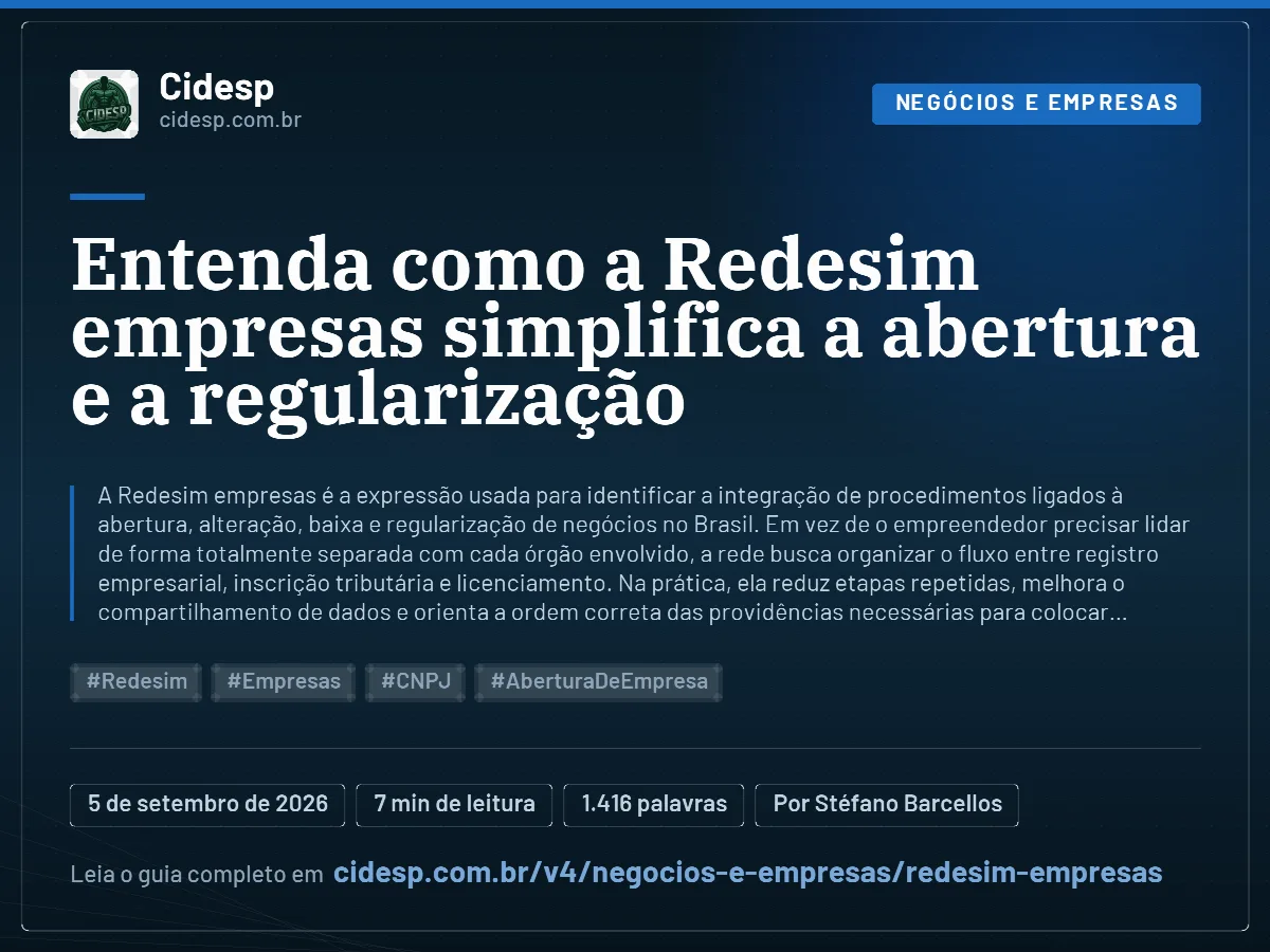 Cartão do artigo “Entenda como a Redesim empresas simplifica a abertura e a regularização”, com resumo, data de publicação e endereço da página.