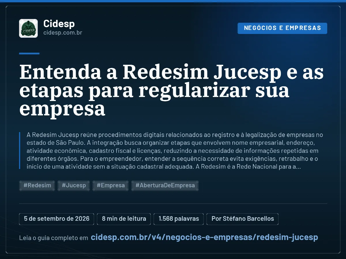 Cartão do artigo “Entenda a Redesim Jucesp e as etapas para regularizar sua empresa”, com resumo, data de publicação e endereço da página.