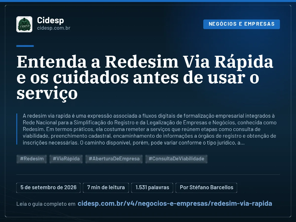 Cartão do artigo “Entenda a Redesim Via Rápida e os cuidados antes de usar o serviço”, com resumo, data de publicação e endereço da página.