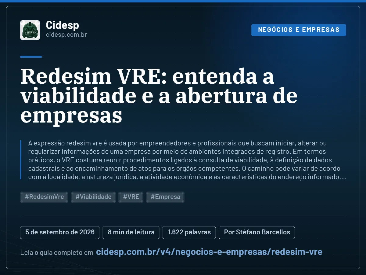 Cartão do artigo “Redesim VRE: entenda a viabilidade e a abertura de empresas”, com resumo, data de publicação e endereço da página.