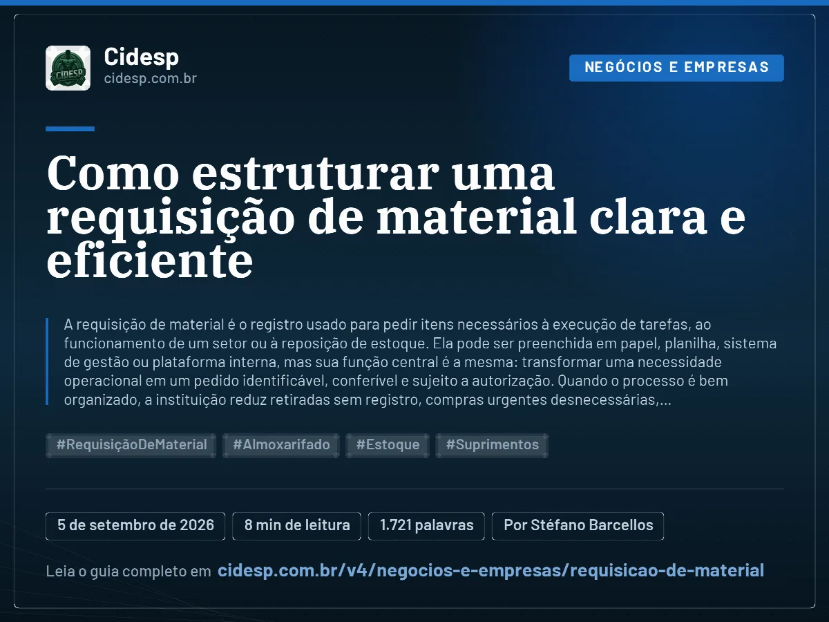 Cartão do artigo “Como estruturar uma requisição de material clara e eficiente”, com resumo, data de publicação e endereço da página.