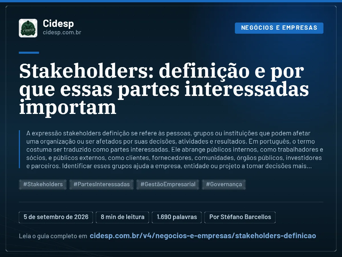 Cartão do artigo “Stakeholders: definição e por que essas partes interessadas importam”, com resumo, data de publicação e endereço da página.