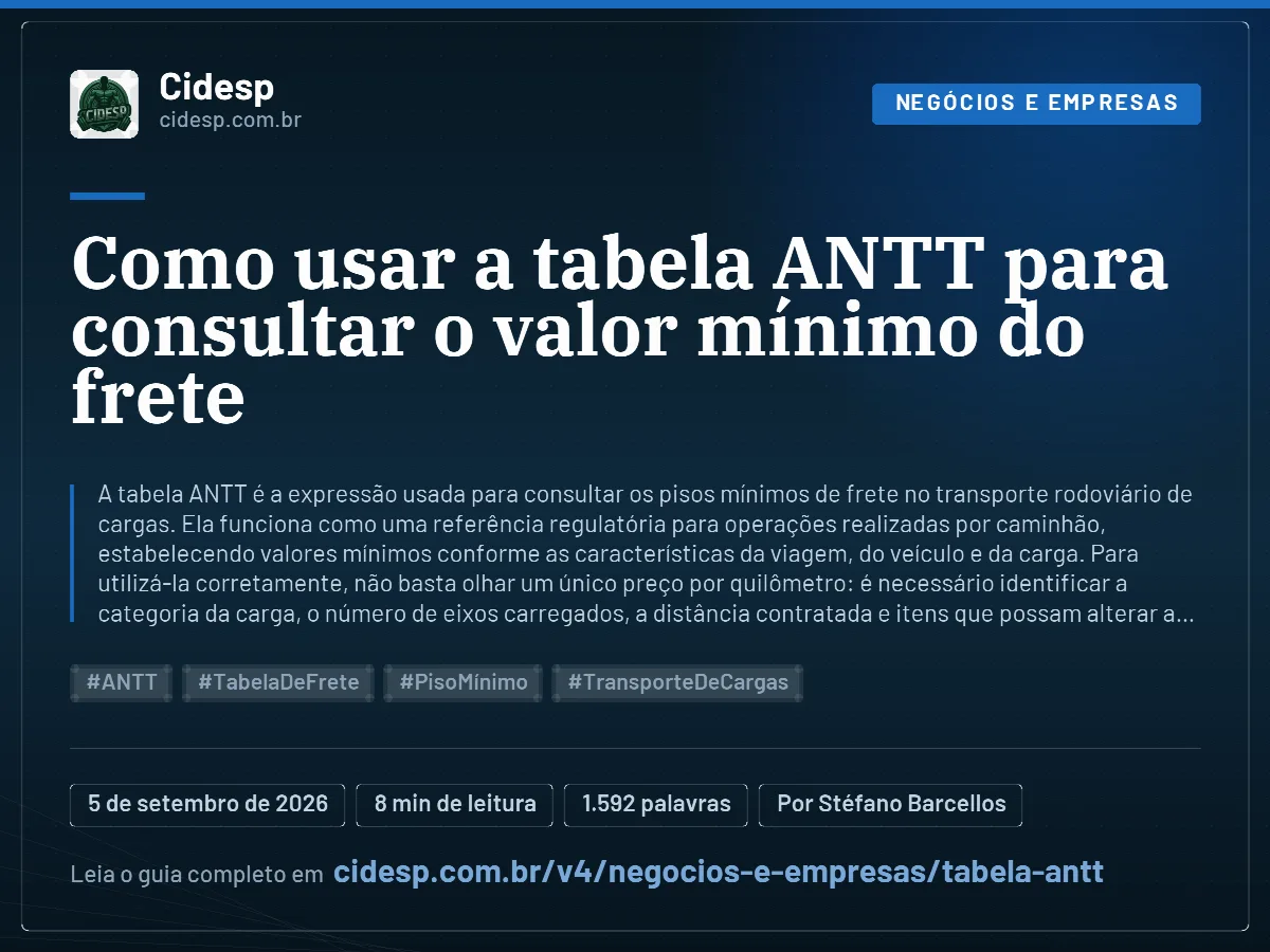 Cartão do artigo “Como usar a tabela ANTT para consultar o valor mínimo do frete”, com resumo, data de publicação e endereço da página.