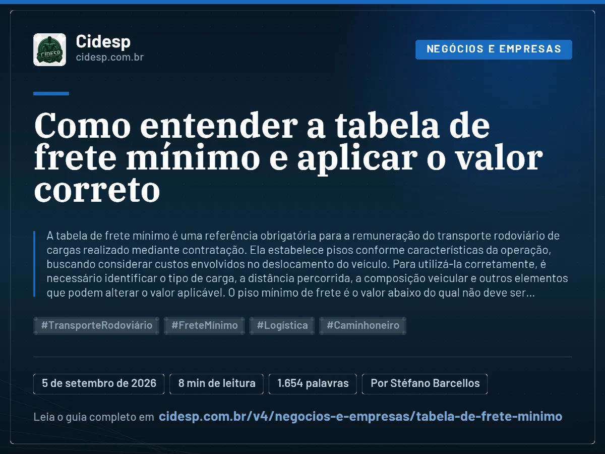 Cartão do artigo “Como entender a tabela de frete mínimo e aplicar o valor correto”, com resumo, data de publicação e endereço da página.