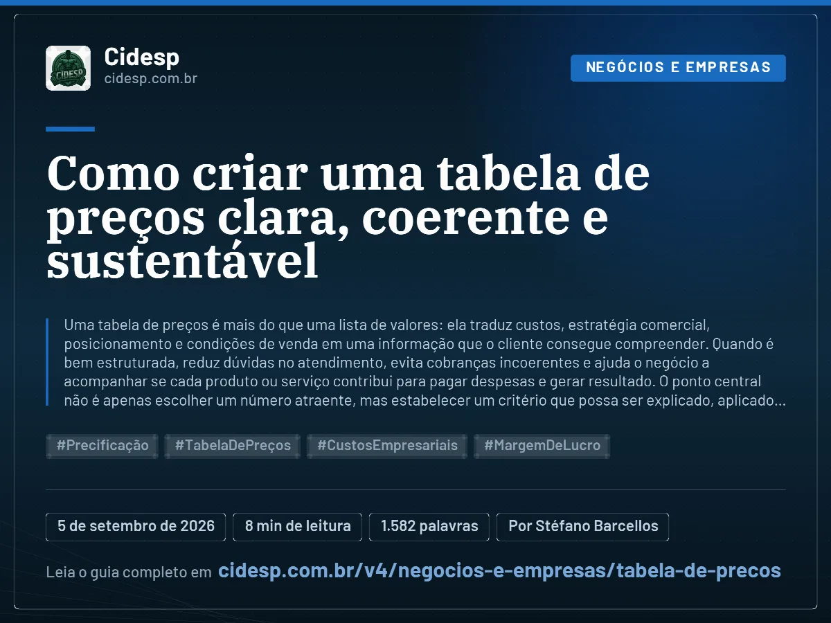 Cartão do artigo “Como criar uma tabela de preços clara, coerente e sustentável”, com resumo, data de publicação e endereço da página.