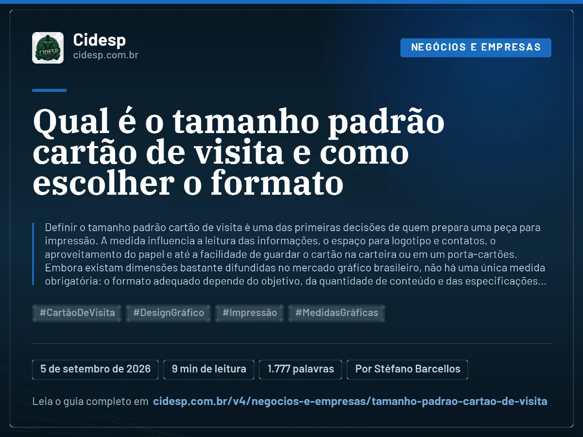 Cartão do artigo “Qual é o tamanho padrão cartão de visita e como escolher o formato”, com resumo, data de publicação e endereço da página.
