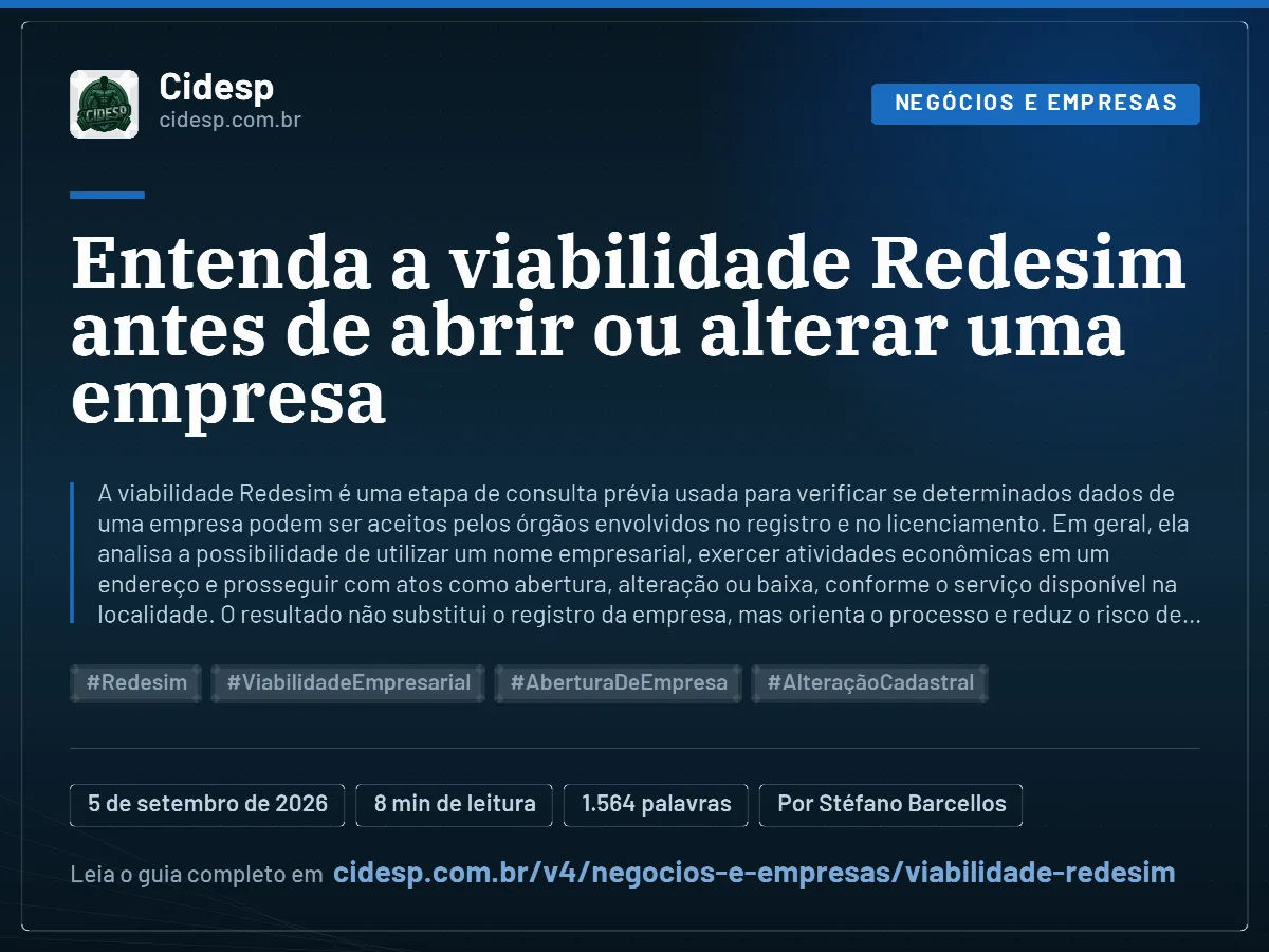 Cartão do artigo “Entenda a viabilidade Redesim antes de abrir ou alterar uma empresa”, com resumo, data de publicação e endereço da página.