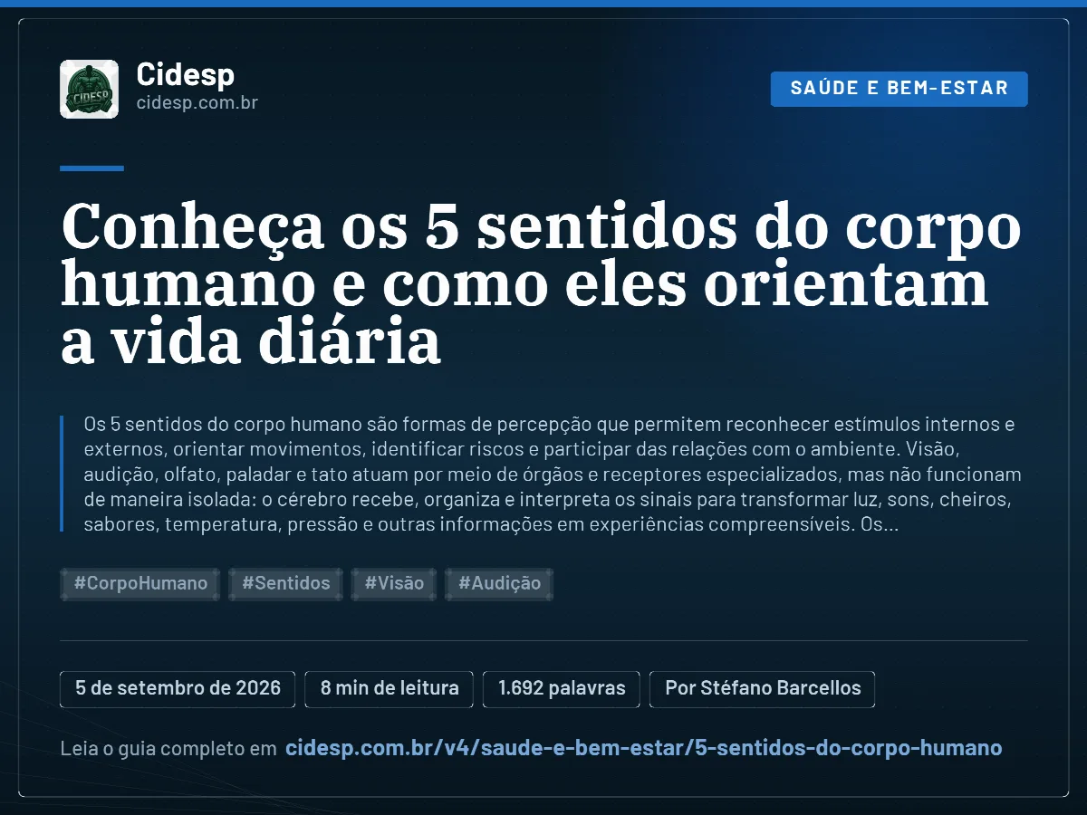 Cartão do artigo “Conheça os 5 sentidos do corpo humano e como eles orientam a vida diária”, com resumo, data de publicação e endereço da página.