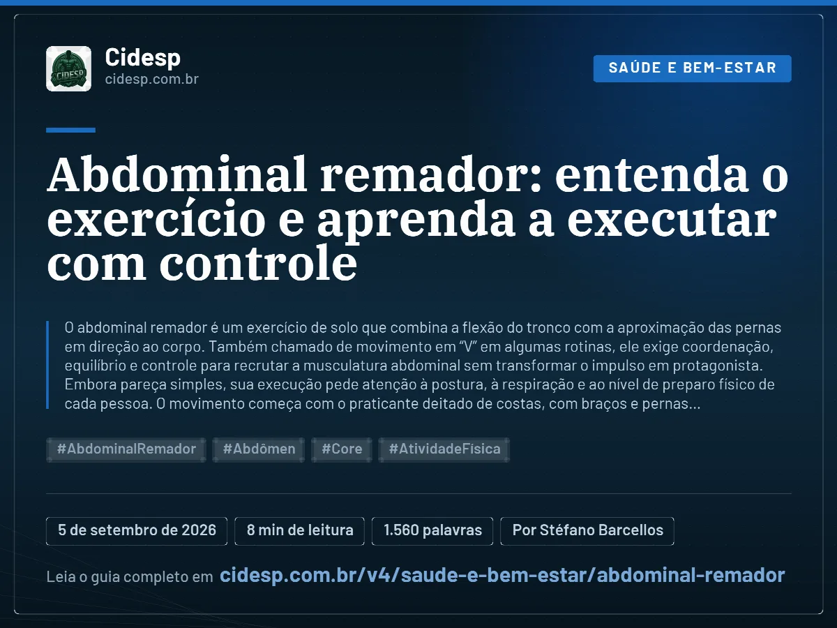 Cartão do artigo “Abdominal remador: entenda o exercício e aprenda a executar com controle”, com resumo, data de publicação e endereço da página.