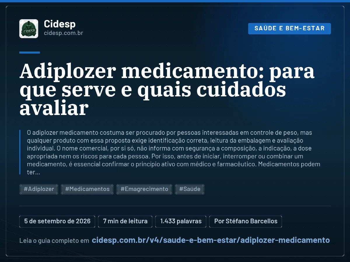 Cartão do artigo “Adiplozer medicamento: para que serve e quais cuidados avaliar”, com resumo, data de publicação e endereço da página.