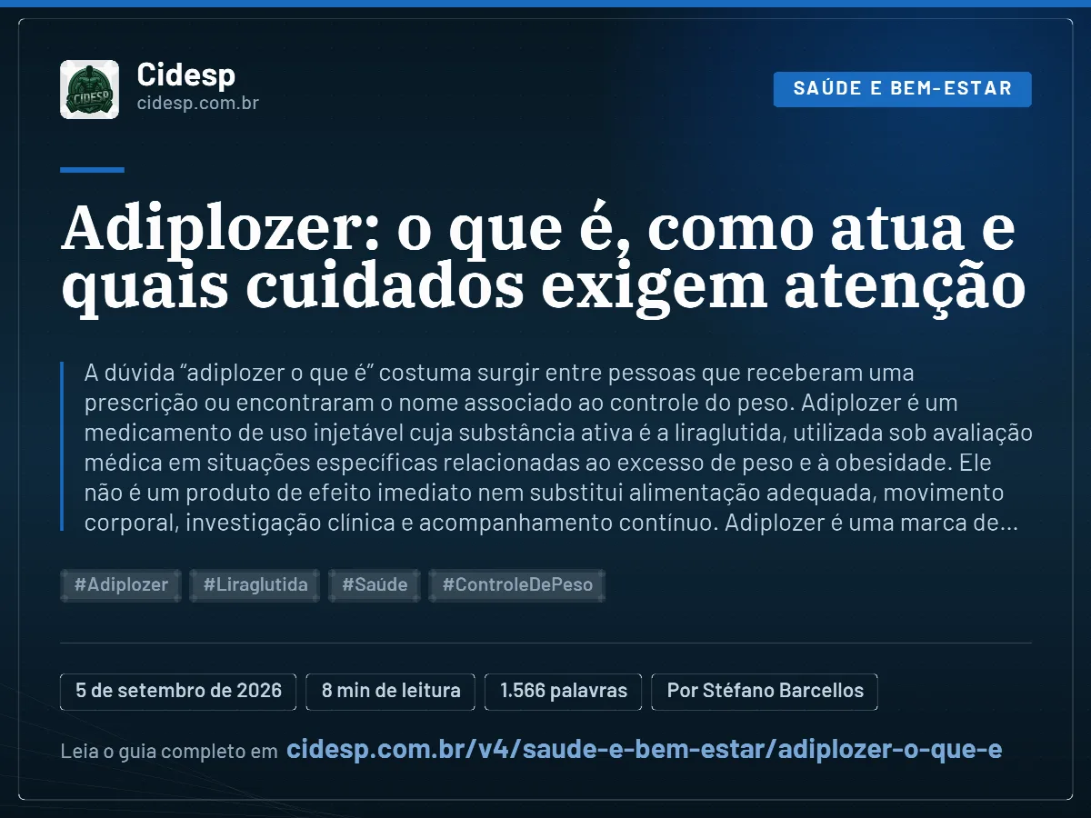 Cartão do artigo “Adiplozer: o que é, como atua e quais cuidados exigem atenção”, com resumo, data de publicação e endereço da página.