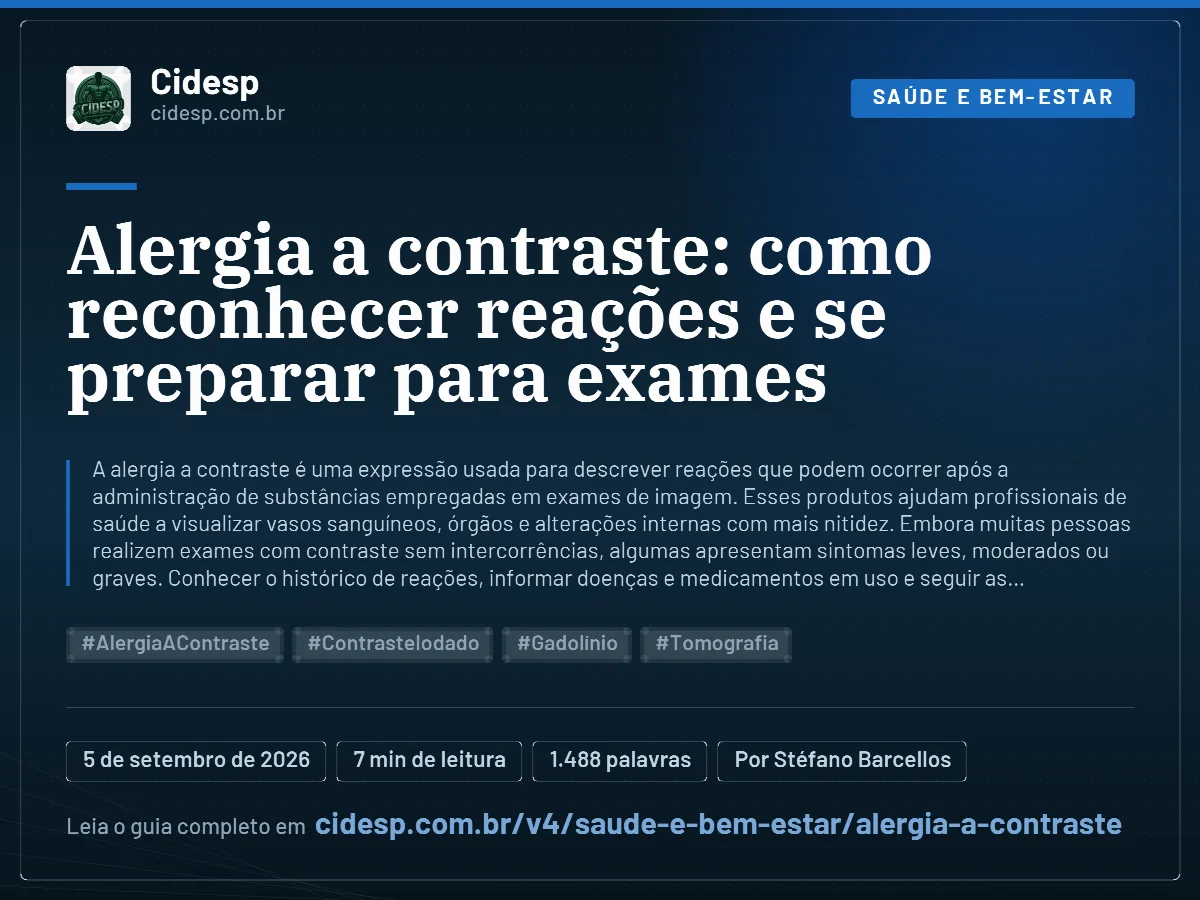 Cartão do artigo “Alergia a contraste: como reconhecer reações e se preparar para exames”, com resumo, data de publicação e endereço da página.