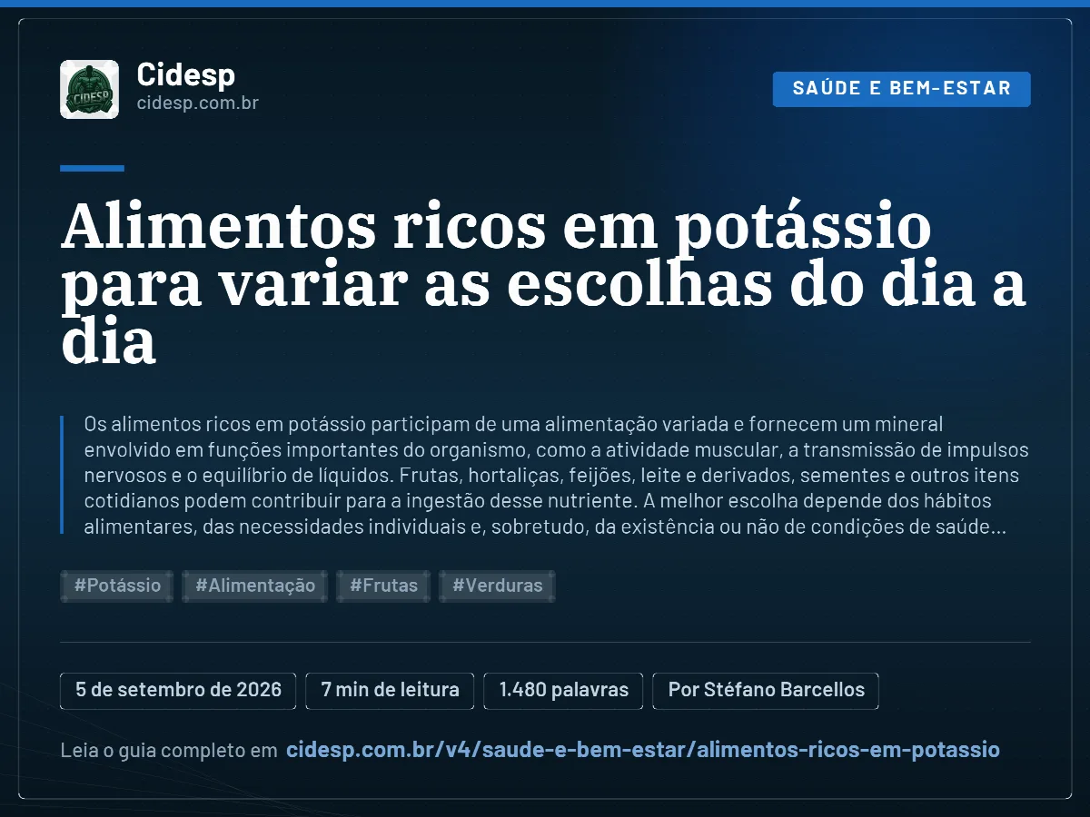 Cartão do artigo “Alimentos ricos em potássio para variar as escolhas do dia a dia”, com resumo, data de publicação e endereço da página.