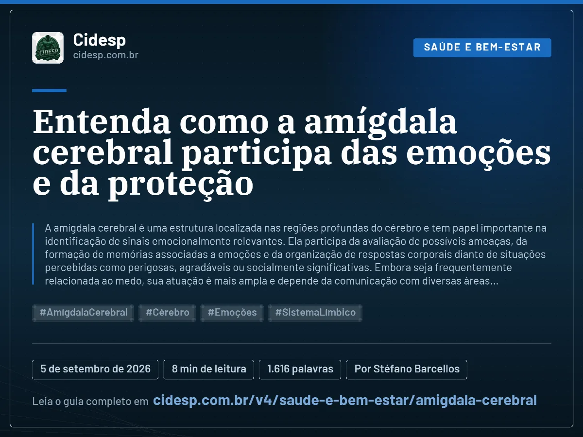Cartão do artigo “Entenda como a amígdala cerebral participa das emoções e da proteção”, com resumo, data de publicação e endereço da página.