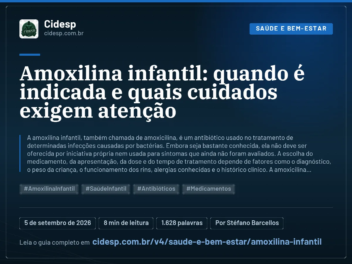 Cartão do artigo “Amoxilina infantil: quando é indicada e quais cuidados exigem atenção”, com resumo, data de publicação e endereço da página.