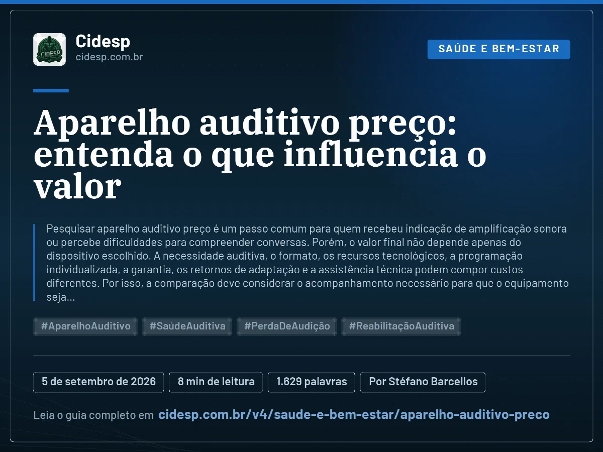 Cartão do artigo “Aparelho auditivo preço: entenda o que influencia o valor”, com resumo, data de publicação e endereço da página.