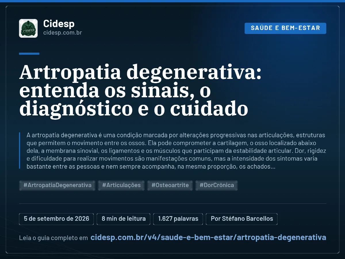 Cartão do artigo “Artropatia degenerativa: entenda os sinais, o diagnóstico e o cuidado”, com resumo, data de publicação e endereço da página.