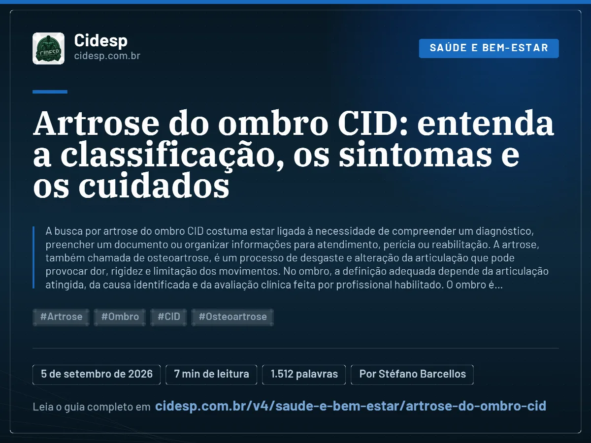 Cartão do artigo “Artrose do ombro CID: entenda a classificação, os sintomas e os cuidados”, com resumo, data de publicação e endereço da página.