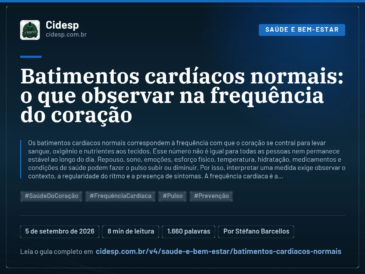 Cartão do artigo “Batimentos cardíacos normais: o que observar na frequência do coração”, com resumo, data de publicação e endereço da página.