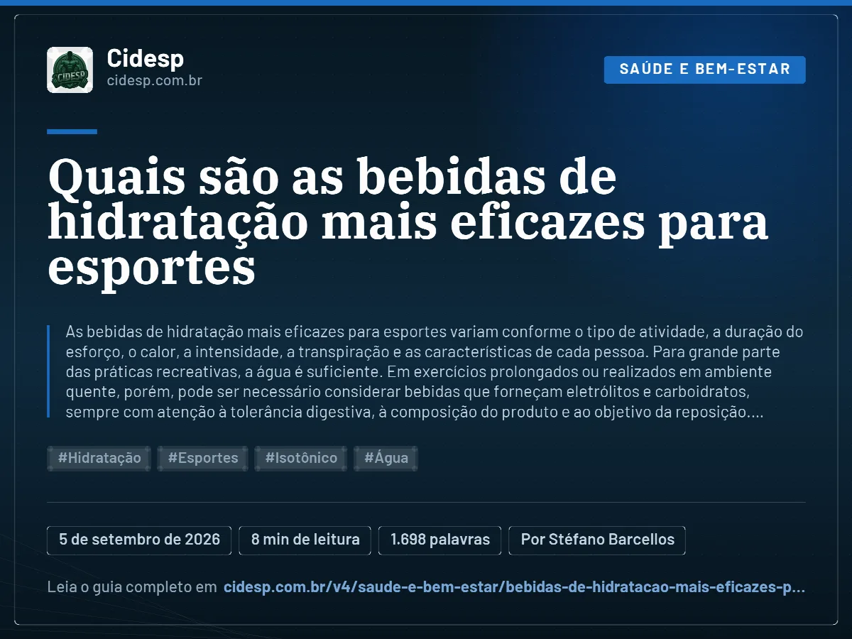 Cartão do artigo “Quais são as bebidas de hidratação mais eficazes para esportes”, com resumo, data de publicação e endereço da página.