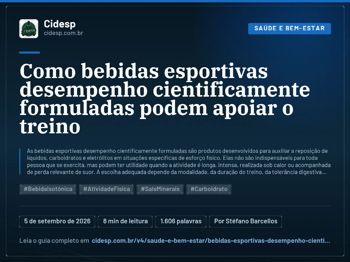 Cartão do artigo “Como bebidas esportivas desempenho cientificamente formuladas podem apoiar o treino”, com resumo, data de publicação e endereço da página.
