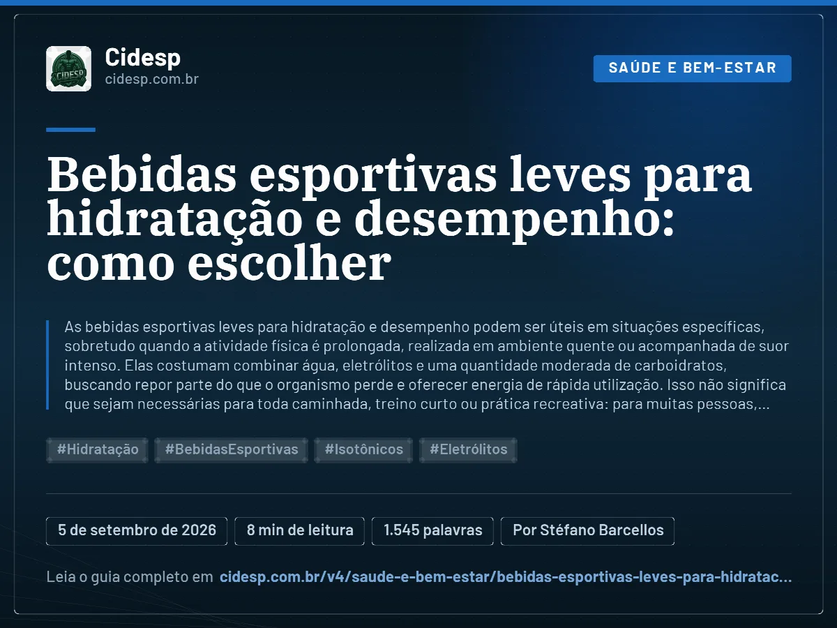 Cartão do artigo “Bebidas esportivas leves para hidratação e desempenho: como escolher”, com resumo, data de publicação e endereço da página.