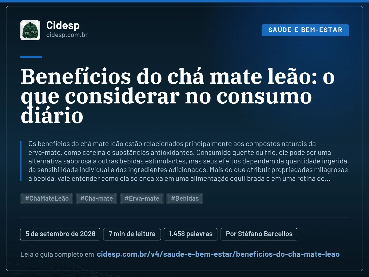 Cartão do artigo “Benefícios do chá mate leão: o que considerar no consumo diário”, com resumo, data de publicação e endereço da página.