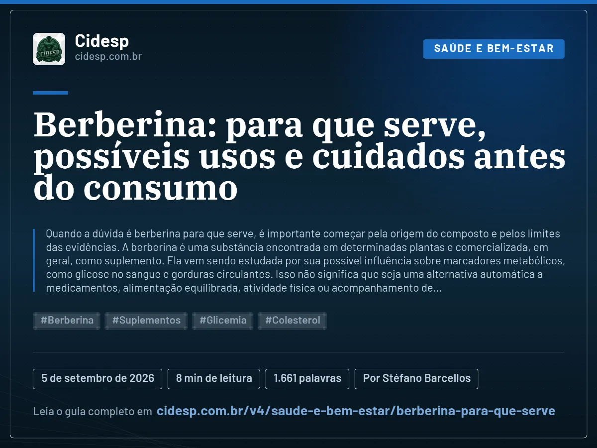 Cartão do artigo “Berberina: para que serve, possíveis usos e cuidados antes do consumo”, com resumo, data de publicação e endereço da página.