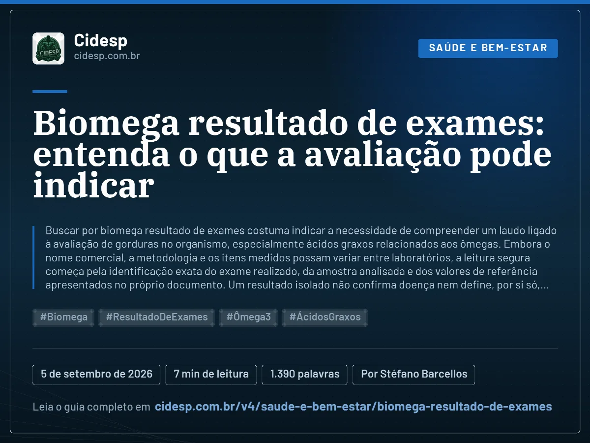 Cartão do artigo “Biomega resultado de exames: entenda o que a avaliação pode indicar”, com resumo, data de publicação e endereço da página.