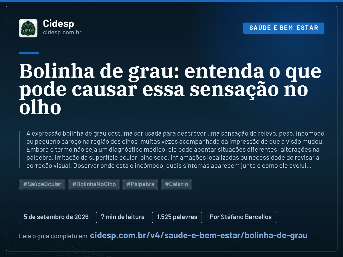 Cartão do artigo “Bolinha de grau: entenda o que pode causar essa sensação no olho”, com resumo, data de publicação e endereço da página.