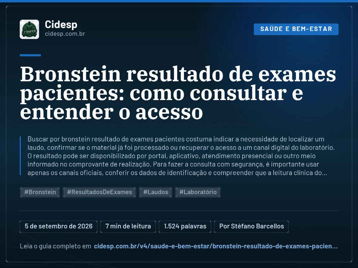 Cartão do artigo “Bronstein resultado de exames pacientes: como consultar e entender o acesso”, com resumo, data de publicação e endereço da página.