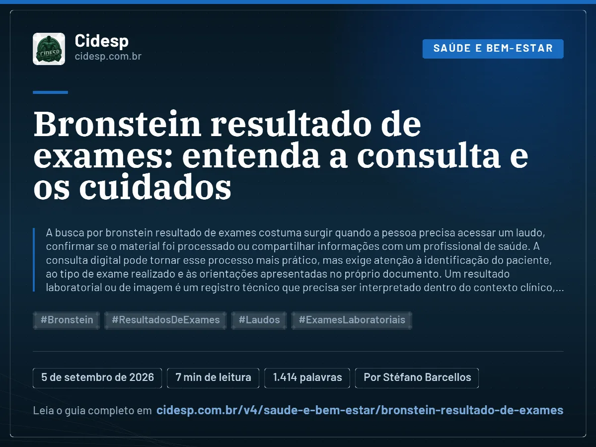 Cartão do artigo “Bronstein resultado de exames: entenda a consulta e os cuidados”, com resumo, data de publicação e endereço da página.