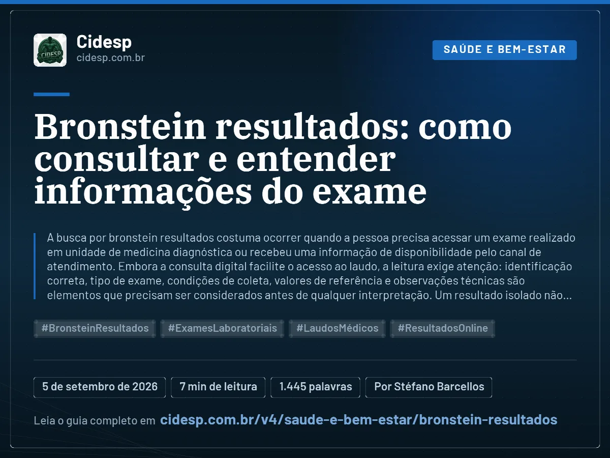 Cartão do artigo “Bronstein resultados: como consultar e entender informações do exame”, com resumo, data de publicação e endereço da página.