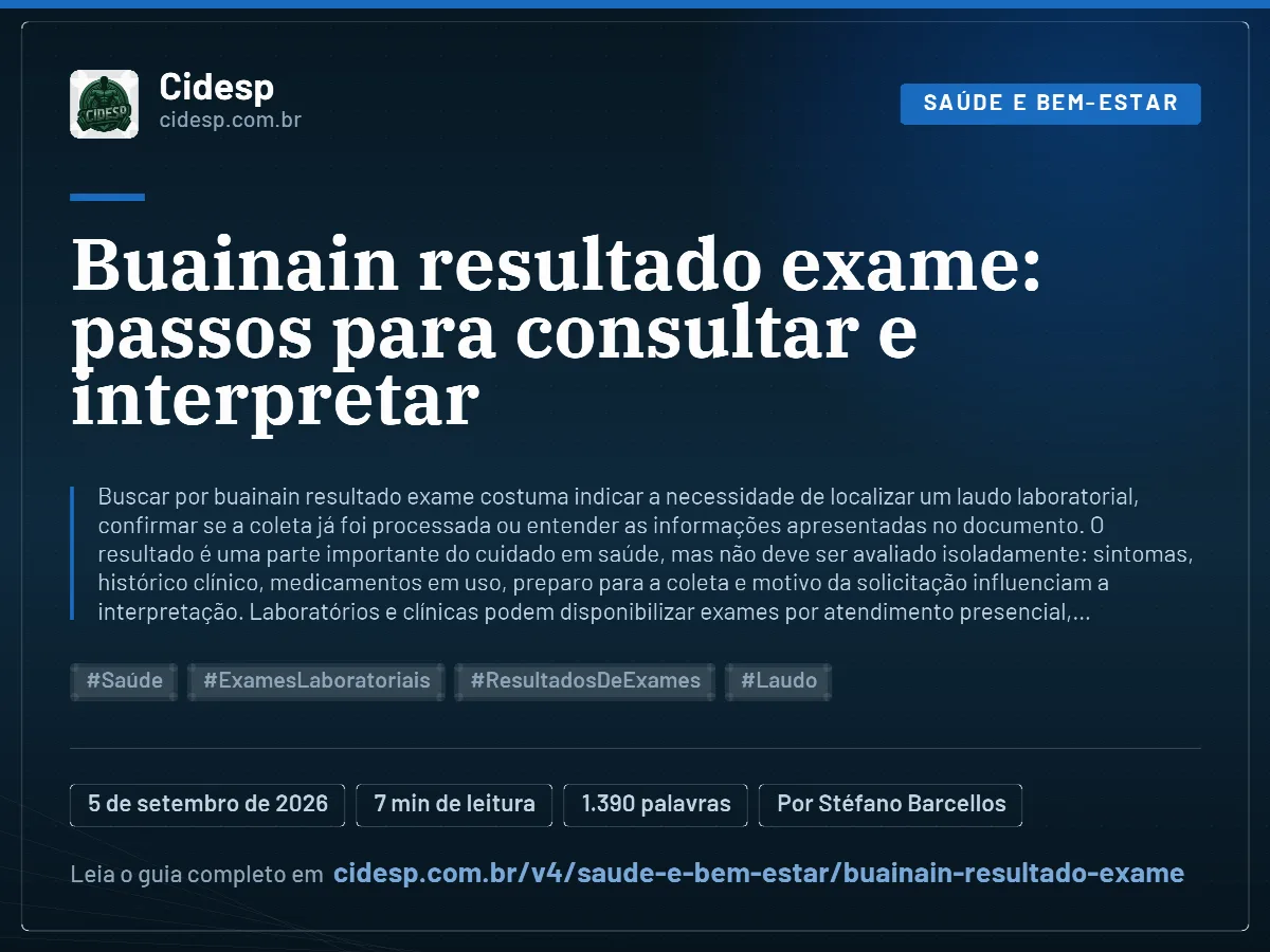 Cartão do artigo “Buainain resultado exame: passos para consultar e interpretar”, com resumo, data de publicação e endereço da página.