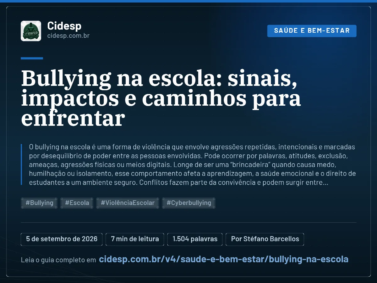 Cartão do artigo “Bullying na escola: sinais, impactos e caminhos para enfrentar”, com resumo, data de publicação e endereço da página.