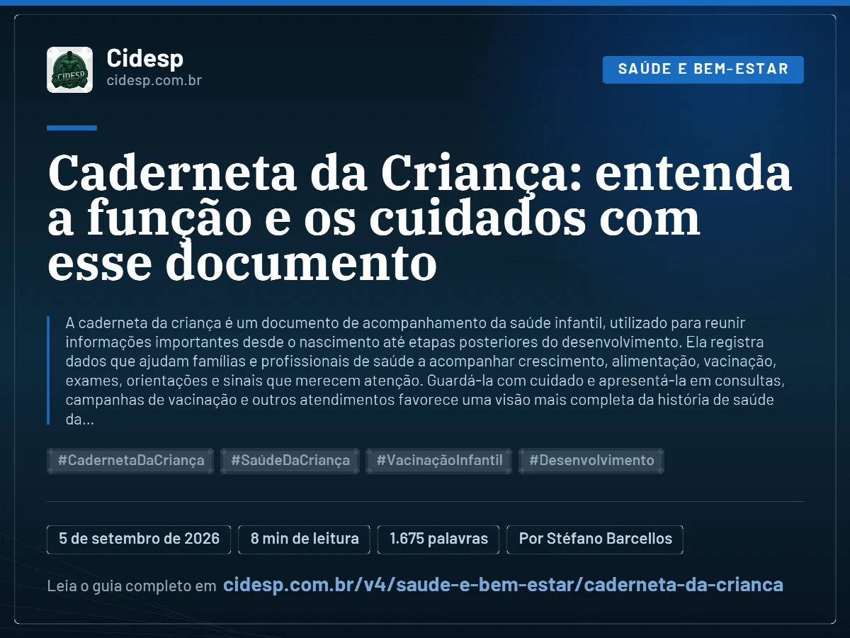 Cartão do artigo “Caderneta da Criança: entenda a função e os cuidados com esse documento”, com resumo, data de publicação e endereço da página.