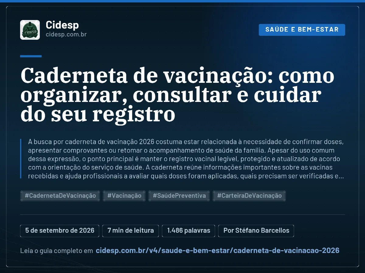 Cartão do artigo “Caderneta de vacinação: como organizar, consultar e cuidar do seu registro”, com resumo, data de publicação e endereço da página.